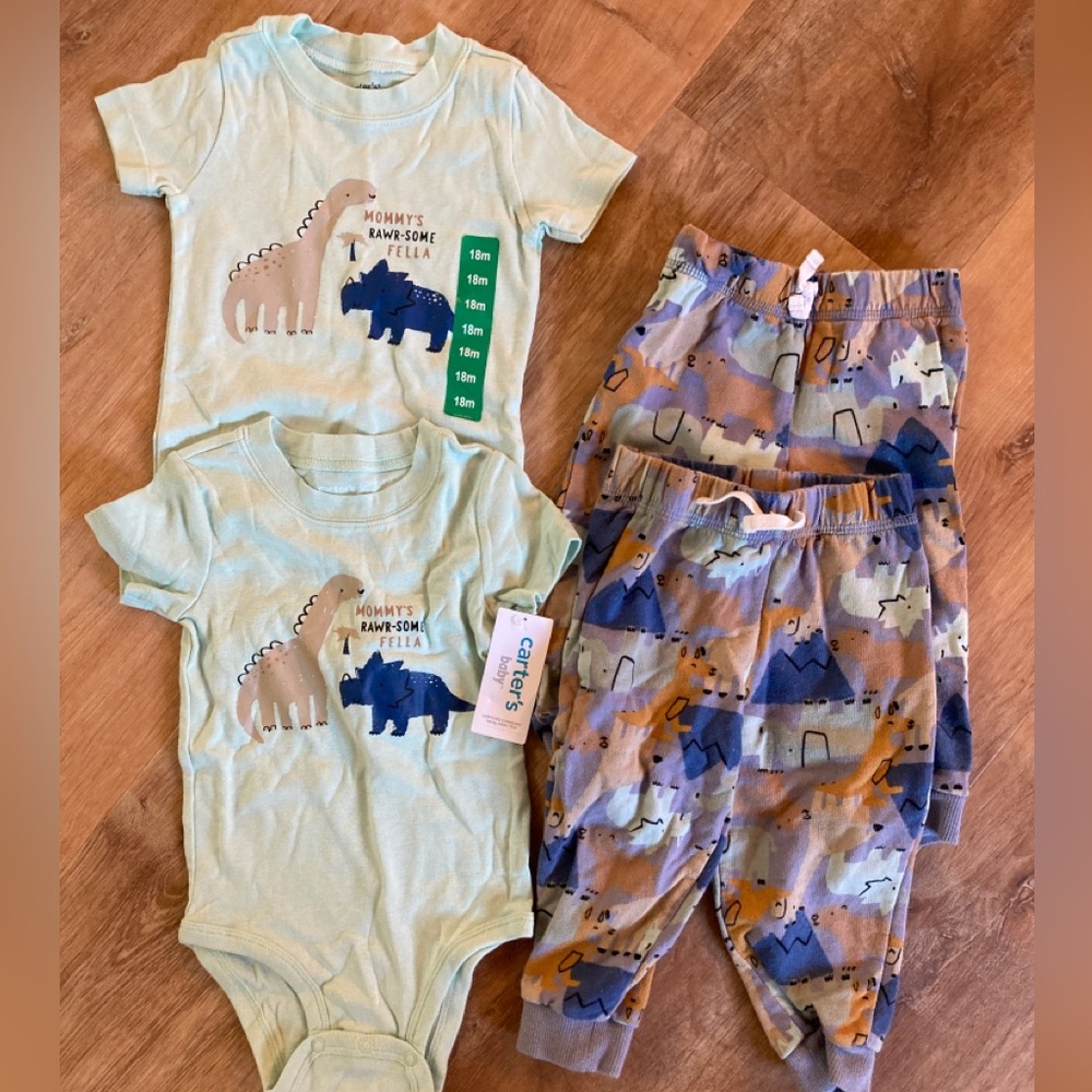 2 NWT Carter’s Dino Outfits Mommy’s Rawrsome Fella Onesies and Pants 18M